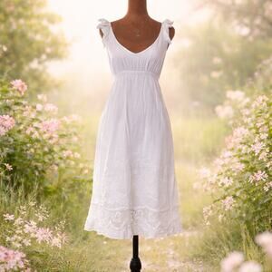 Cottagecore Empire Waist Midi Dress Women’s Small White Crochet Hem Romantic